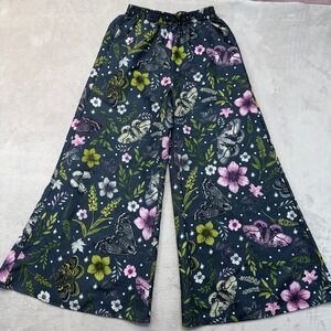 Romwe Pants Women's Medium Wide Leg Navy Blue Butterfly Floral Botanical Boho